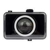 Black camera lens with white rim on a white background