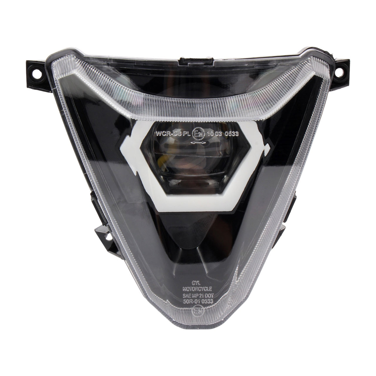 Motorcycle headlight with visible branding on a white background