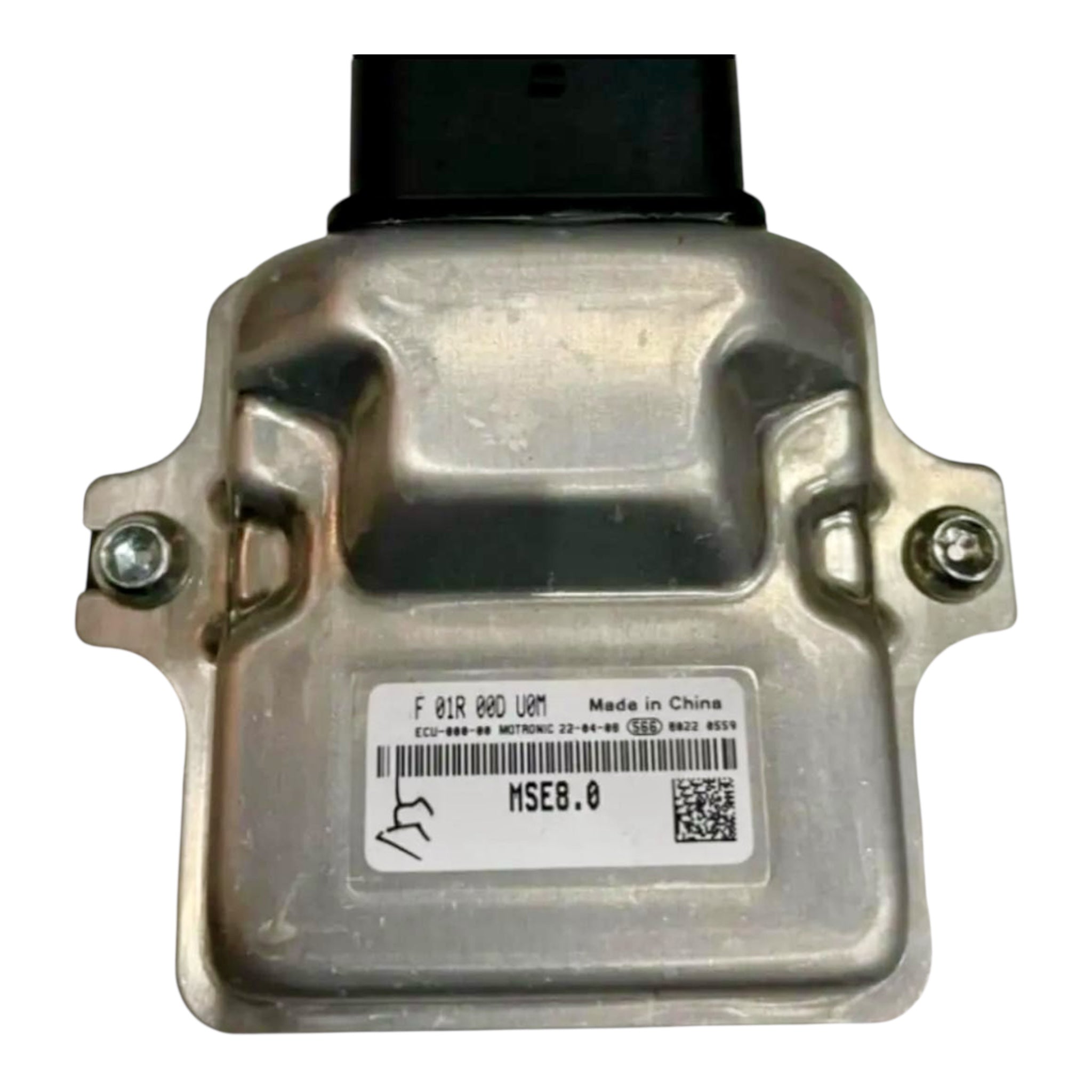 Metallic device with a label on a white background