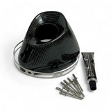 Carbon fiber air filter with mounting hardware on a white background