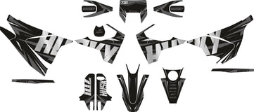 Black and white motorcycle graphics set on a white background